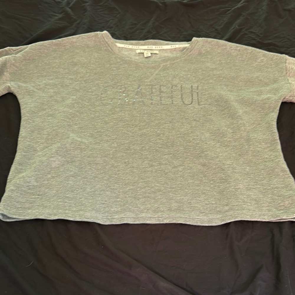 Rae Dunn Womens Grateful Gray Fleece Pullover Sweatshirt Size Medium